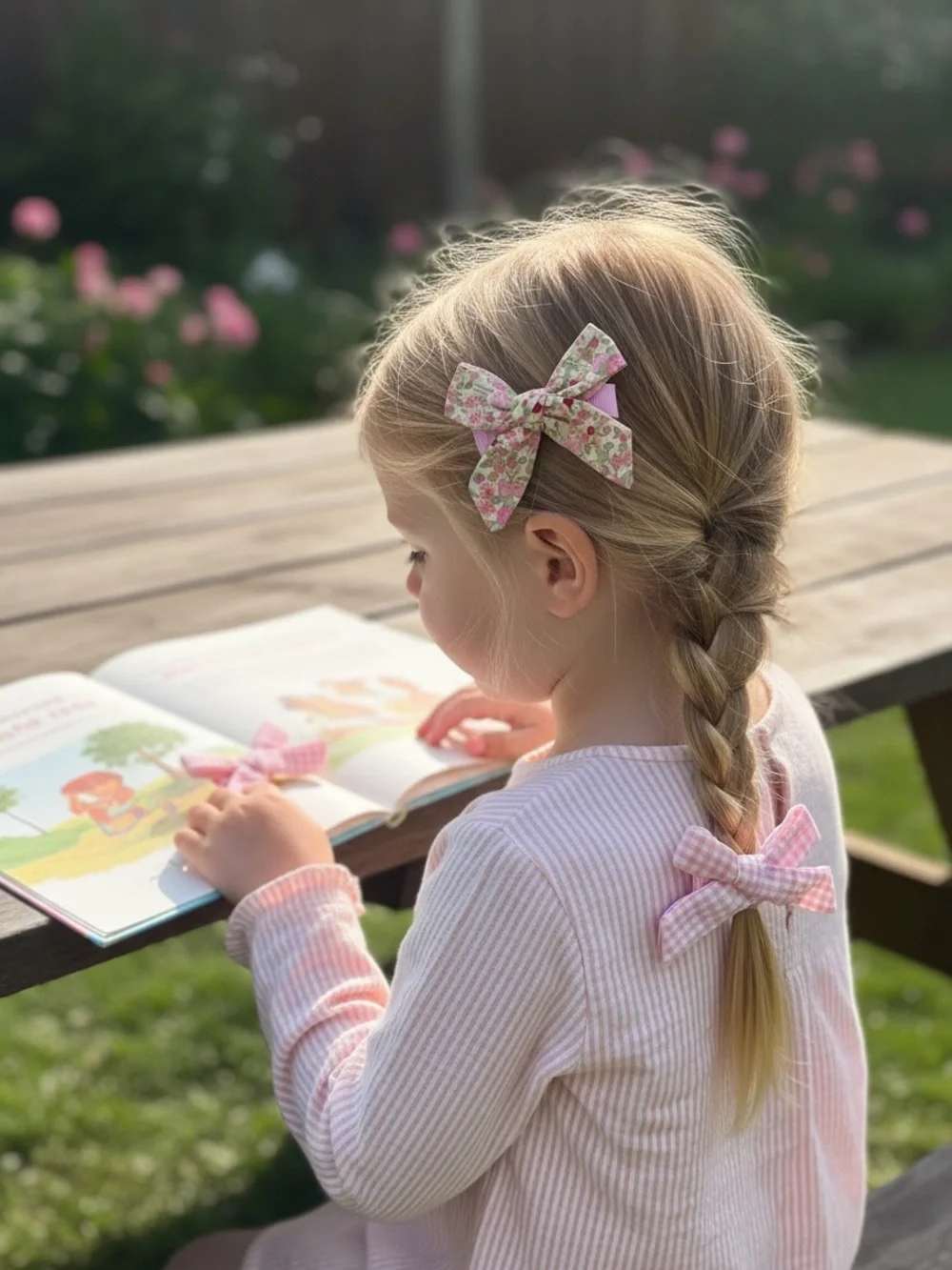 Pink Floral & Gingham Bow Hair Clips for Kids